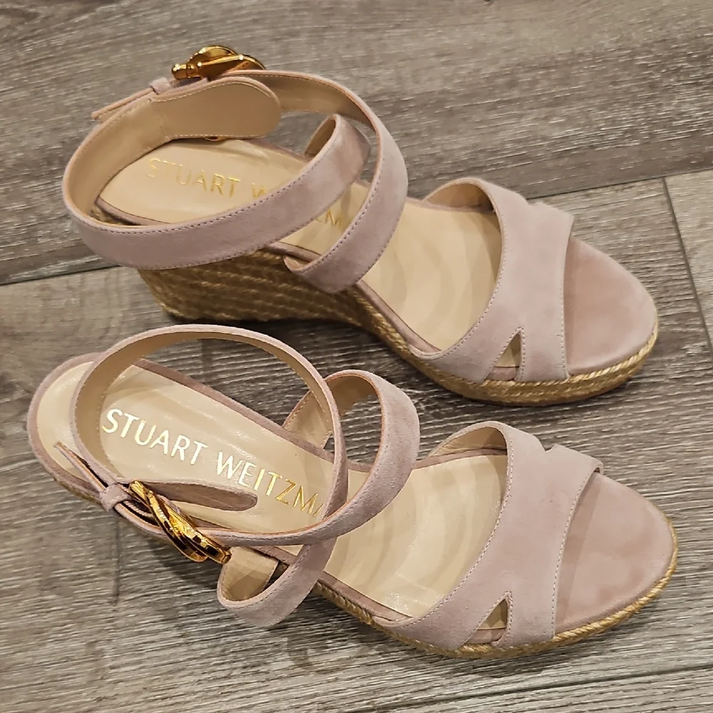 [NEW] Stuart Weitzman Beige Pink Espadrille Wedge Heeled Sandals Zuzu Buckle - Picture 6 of 10